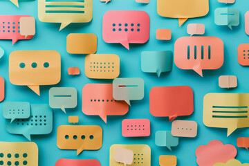 A colorful collage of paper cutouts of speech bubbles