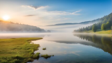Fototapeta premium The misty Lacu Rosu Lake picture in the morning. A misty summer sunrise in Romania's Harghita County, Europe. Background of the idea of the beauty of nature.