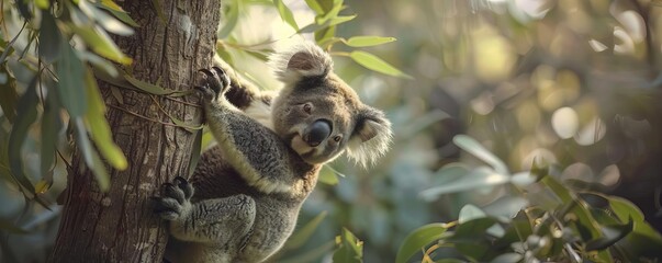 A koala slowly climbing down a eucalyptus tree to reach tender leaves below