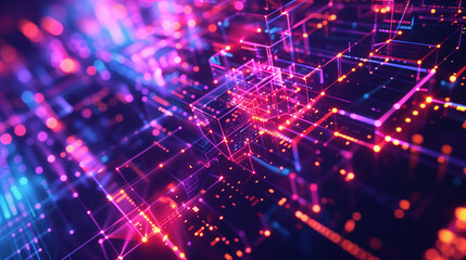 Obraz premium A colorful image of a cityscape with neon lights and squares. The image is abstract and has a futuristic feel to it