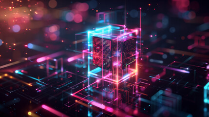 Fototapeta premium A colorful image of a cityscape with neon lights and squares. The image is abstract and has a futuristic feel to it