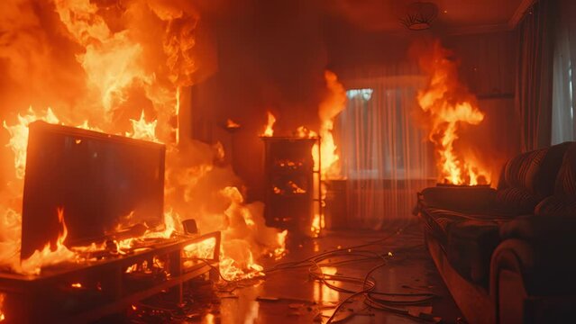 Home electric wire plug in indoor in fire caused by a short circuit , domestic accident concept image