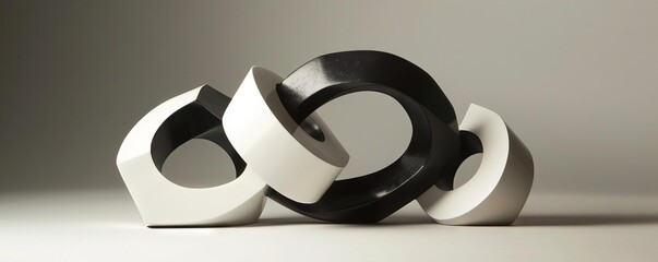 A minimalist sculpture of intertwined rings and cubes in monochrome, creating a sense of balance