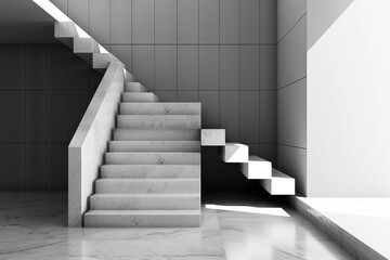 A minimalist staircase composed entirely of rectangular blocks in a striking monochrome palette