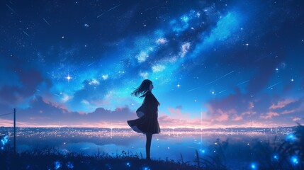 幻想的な星空と夜景と少女