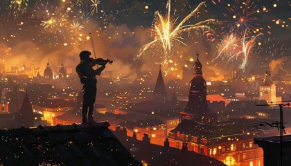 A musician playing a violin on a rooftop, with notes materializing into fireworks that light up the...