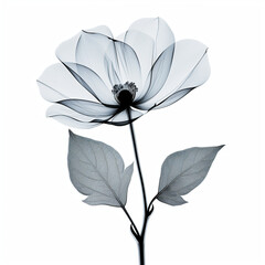 Beautiful transparent flower in minimalistic X ray style. Monochrome minimalist flower illustration isolated on white background. Elegant flower for tattoo, logo, card or art projects
