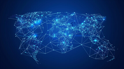 A blue background with a network of lines and dots that resemble a map of the world. The lines and dots are connected to each other, creating a sense of interconnectedness and globalization