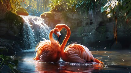A pair of flamingos preening their feathers while playfully nudging each other in a lagoon