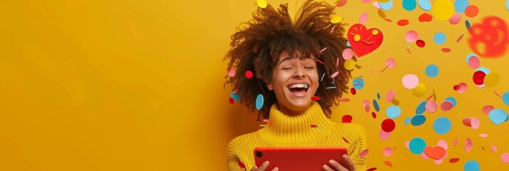Joyful Young Woman Celebrating World Emoji Day with Tablet on Vibrant Yellow Background