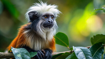Curious Cotton-Top Tamarin in Tropical Forest Habitat