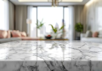 Fototapeta na wymiar White marble table top with blurred living room interior background