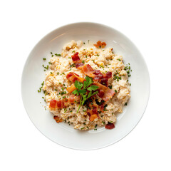 Oatmeal with bacon topping in white plate, top view, on a transparent background