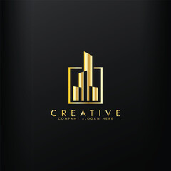 Property business golden logo. tower real estate logo template. Luxury elegant template design vector