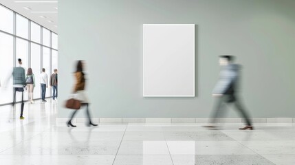 Modern Medical Clinic Corridor with Motion Blur of Diverse Staff and Poster Mockup Wall