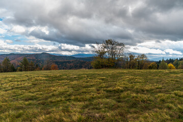 Autumn Beskids mountains in Poland - view from Potrojna hill in Beskid Maly mountains