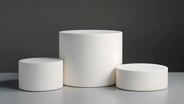 Three white podium stage pedestals of varying sizes are neatly arranged in a row on a sleek grey surface against a dark background for cosmetic advertising