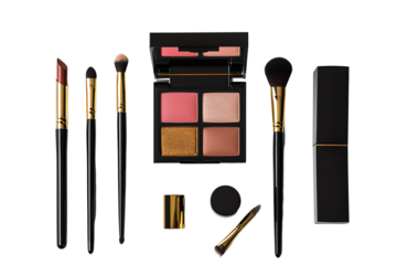Makeup set with brushes, lipstick, and eyeshadow, stylishly laid out, transparent background