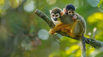 Obraz premium A squirrel monkey playing with its baby on its back, swinging from branch to branch in the canopy