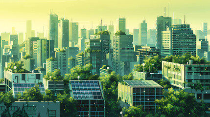 Green Roofs and Solar Panels in a Sustainable Cityscape