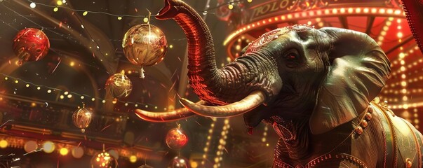 A steampowered elephant juggling neon orbs on its trunk, performing in a brass circus ring