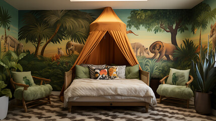 Safari-themed nursery with animal print textiles, a tent canopy bed, and a jungle mural,