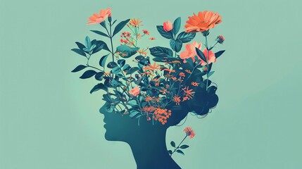 A surreal visualization of a person with plants and flowers growing out of their head, representing a flourishing mind