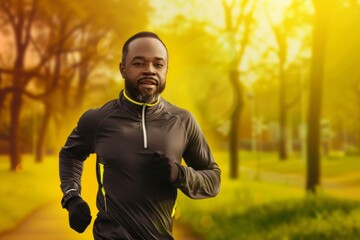 Obraz premium Dawn Vitality: Middle-Aged Black Man's Morning Jog for Cardio Health in City Park