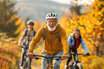 Naklejka premium Celebrating Men's Health Month: Diverse Age Group of Men Biking on Rural Trail Amidst Autumn Scenery