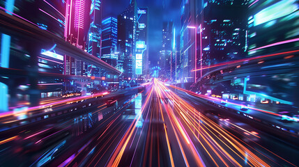 Fototapeta premium A cityscape with neon lights and a highway in the background. The city is bustling with activity and the neon lights create a sense of energy and excitement