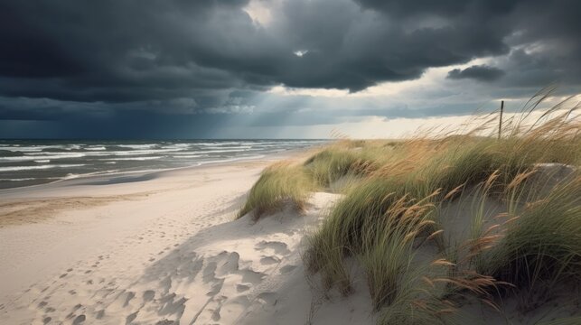 Beach with coastal dunes covered with green grass.AI generated image