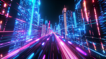 A cityscape with neon lights and a highway in the background. The city is bustling with activity and the neon lights create a sense of energy and excitement