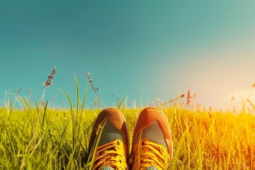 Solitary Athletic Shoe on Vibrant Green Field: Symbol of Outdoor Activity and Health