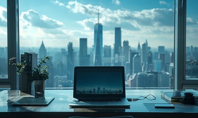 A sleek laptop sits on a glass desk in a modern office with a backdrop of the city skyline and skyscrapers basking in sunlight.