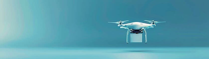 A white drone carrying a white package is flying on a blue background.
