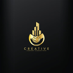 Property business golden logo with handshake vector