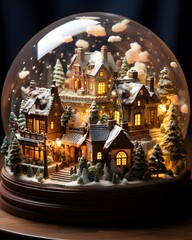 Snow globe with houses and trees in the snow. Christmas decoration.