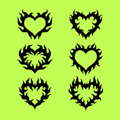 Heart tattoo Neo tribal set, vector gothic rock flame shape kit, u2k abstract love logo concept. Valentine punk retro sticker collection, neotribal web goth decoration. Stylised heart tattoo prints