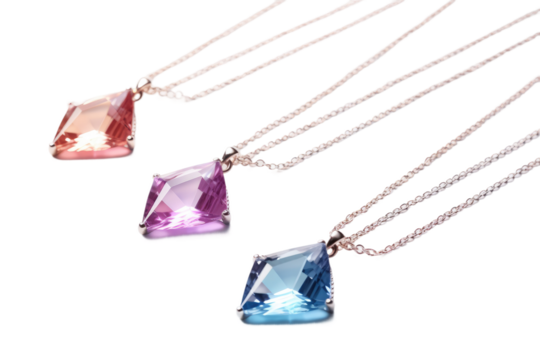 Trio of Vibrant Necklaces Dancing on a Blank Canvas on White or PNG Transparent Background.