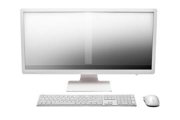 Fototapeta premium Modern desktop computer, widescreen monitor with keyboard and mouse, white minimalist PC setup for office workstation isolated on Transparent Background
