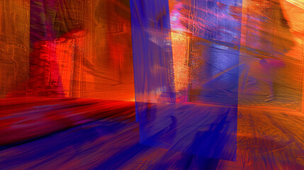 Contemporary digital art featuring dynamic geometric shapes in vivid, contrasting colors, evoking movement and energy.