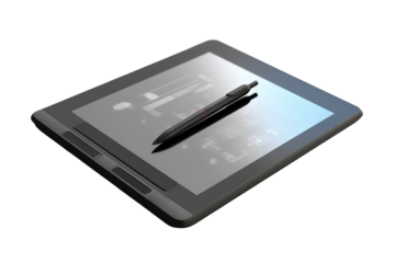 The Sacred Tool: Tablet and Pen Dance on White or PNG Transparent Background.