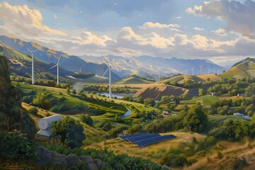 Sustainable Energy Farm in the Mountains A Peaceful Oil Painting Documenting Renewable Power in a...