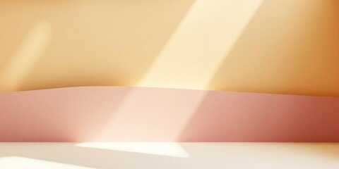 抽象背景横長バナー。陽光が差すピンクと黄色の壁と平らな床がある空間