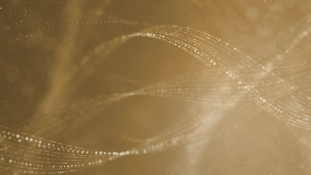 Abstract Waving Particle in style of golden and white dots on golden brown background. Technology, hi-tech and big data concept.	
