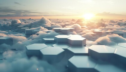 An abstract composition of floating hexagons in a sea of clouds, forming a geometric mosaic