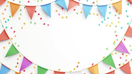 Rousing decoration for a festive or birthday party with colorful triangle flags and confetti on a white background