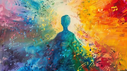 An abstract painting of a figure surrounded by musical notes in rainbow colors, symbolizing the power of music for mental wellbeing