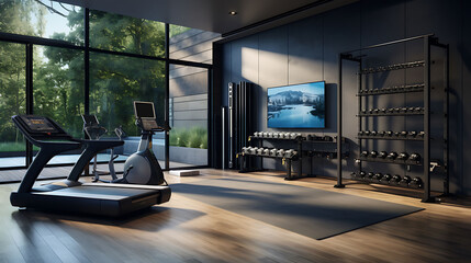 Sleek digital home gym with smart fitness equipment and a wall-mounted workout screen,