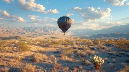 Hot air balloon casting a giant shadow on a desert landscape, cacti in the foreground.